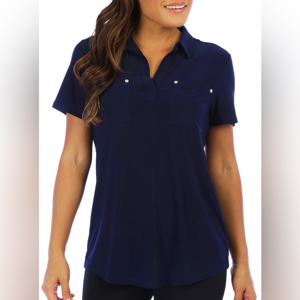 Jones New York | Split V-Neck Women Blouse Button Pockets | M Blue